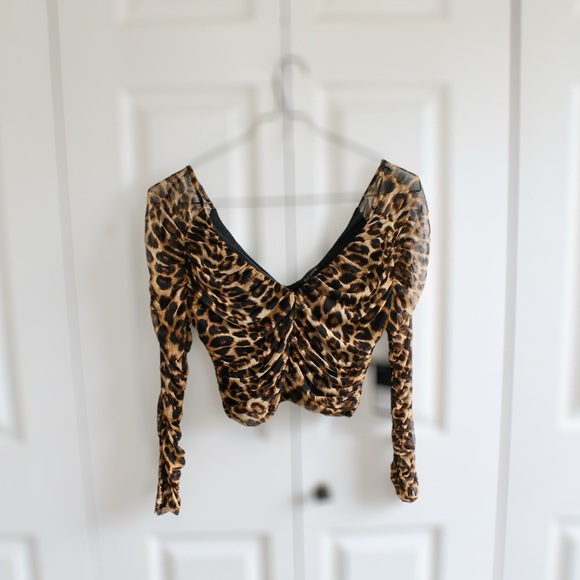 free press Tops - Free Press Cheetah Leopard Print Ruched Mesh Long Sleeve Crop Top